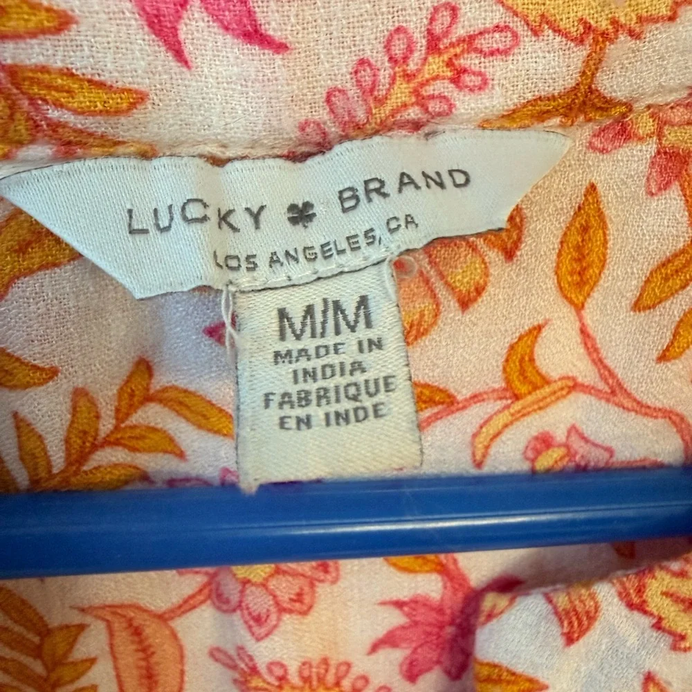 Lucky Brand Floral V Neck Blouse Pink Orange Women’s Medium